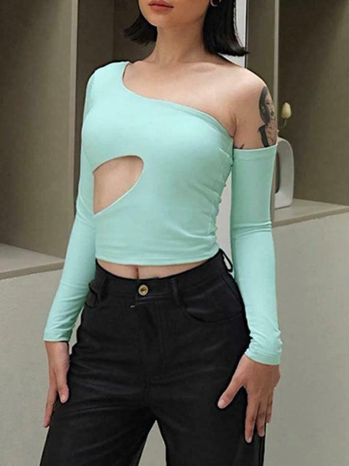 Y2K Fashion Irregular Design Cutout One Shoulder Long Sleeve Tee - Coquette Aesthetic Grunge Style Y2K Fashion Irregular Design Cutout One Shoulder Long Sleeve Tee - Coquette Aesthetic Grunge Style
