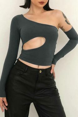 Y2K Fashion Irregular Design Cutout One Shoulder Long Sleeve Tee - Coquette Aesthetic Grunge Style