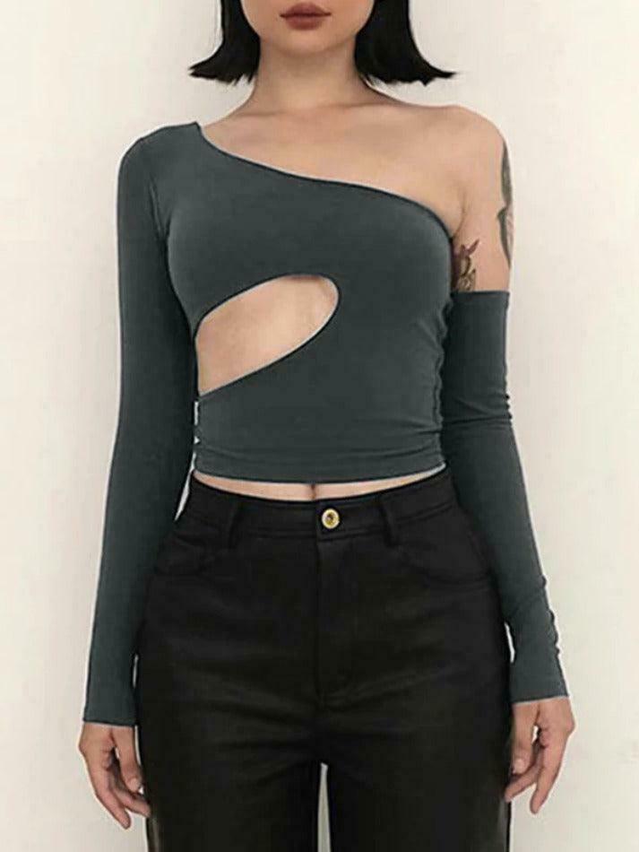Y2K Fashion Irregular Design Cutout One Shoulder Long Sleeve Tee - Coquette Aesthetic Grunge Style Y2K Fashion Irregular Design Cutout One Shoulder Long Sleeve Tee - Coquette Aesthetic Grunge Style
