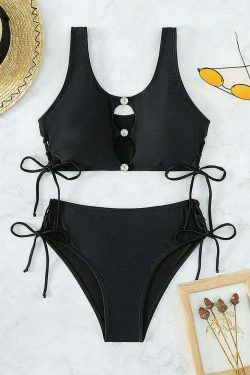 Y2K Fashion Lace-Up Bikini: Solid Color High Waist Swimsuit