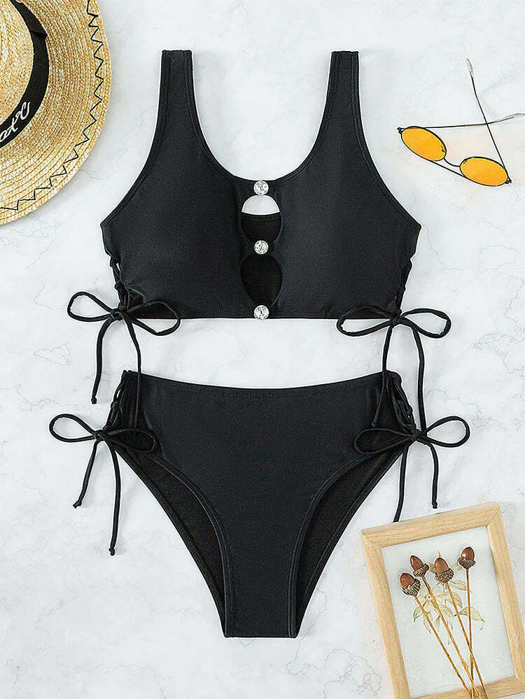 Y2K Fashion Lace-Up Bikini: Solid Color High Waist Swimsuit Y2K Fashion Lace-Up Bikini: Solid Color High Waist Swimsuit