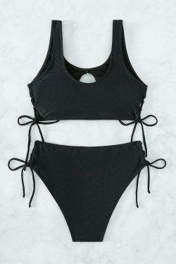 Y2K Fashion Lace-Up Bikini: Solid Color High Waist Swimsuit