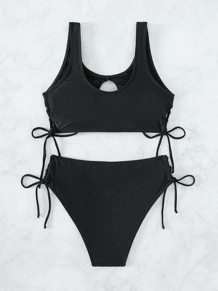Y2K Fashion Lace-Up Bikini: Solid Color High Waist Swimsuit Y2K Fashion Lace-Up Bikini: Solid Color High Waist Swimsuit