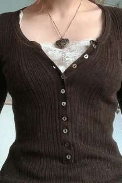 Y2K Fashion Lace Paneled Button Long Sleeve Knit Top - Coquette Aesthetic Grunge Style