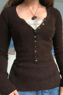 Y2K Fashion Lace Paneled Button Long Sleeve Knit Top - Coquette Aesthetic Grunge Style