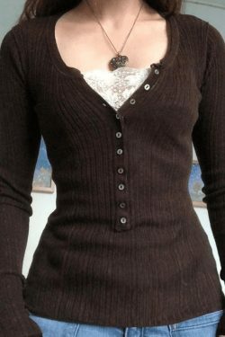 Y2K Fashion Lace Paneled Button Long Sleeve Knit Top - Coquette Aesthetic Grunge Style