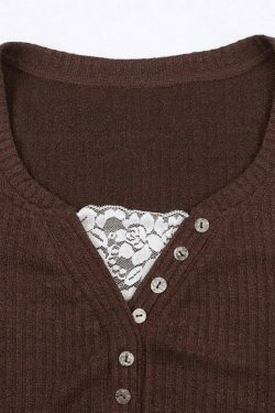 Y2K Fashion Lace Paneled Button Long Sleeve Knit Top - Coquette Aesthetic Grunge Style