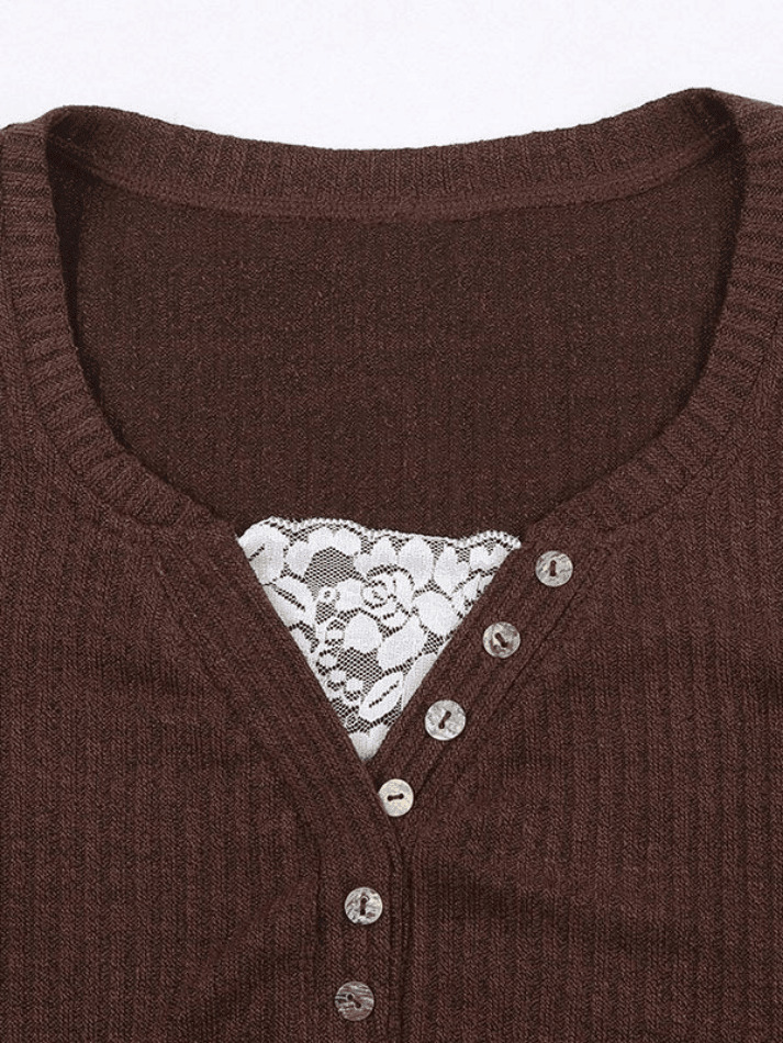 Y2K Fashion Lace Paneled Button Long Sleeve Knit Top - Coquette Aesthetic Grunge Style Y2K Fashion Lace Paneled Button Long Sleeve Knit Top - Coquette Aesthetic Grunge Style