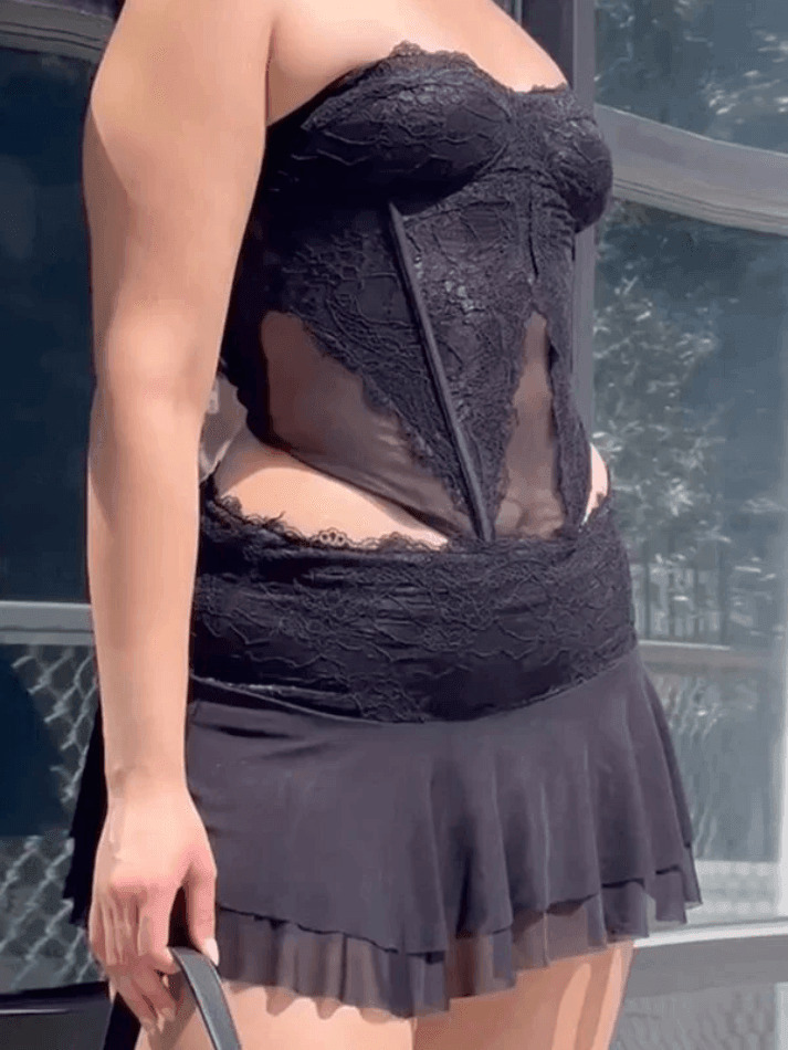 Y2K Fashion Lace Paneled Two Piece Set for Women - Coquette Aesthetic Grunge Style Outfit Y2K Fashion Lace Paneled Two Piece Set for Women - Coquette Aesthetic Grunge Style Outfit