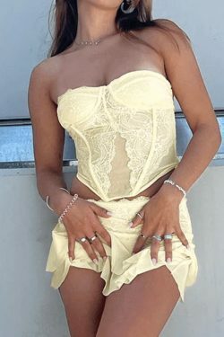 Y2K Fashion Lace Paneled Two Piece Set for Women - Coquette Aesthetic Grunge Style Outfit