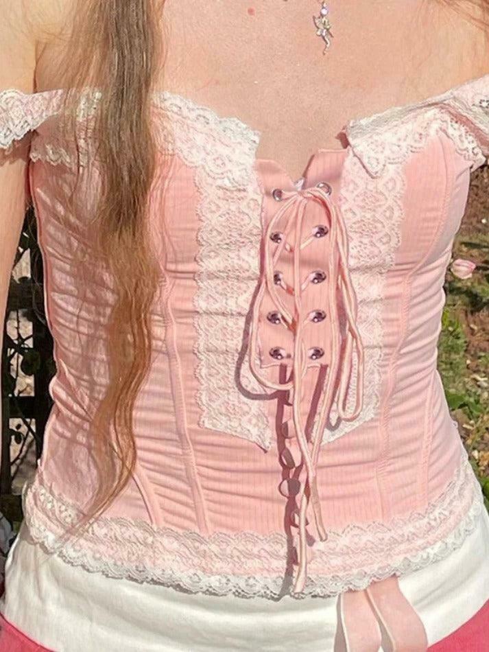 Y2K Fashion Lace Splice Crossover Tie-Up Tank Top - Coquette Aesthetic, Grunge Style, Cute Tops Y2K Fashion Lace Splice Crossover Tie-Up Tank Top - Coquette Aesthetic, Grunge Style, Cute Tops