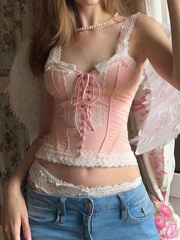 Y2K Fashion Lace Splice Crossover Tie-Up Tank Top - Coquette Aesthetic, Grunge Style, Cute Tops Y2K Fashion Lace Splice Crossover Tie-Up Tank Top - Coquette Aesthetic, Grunge Style, Cute Tops