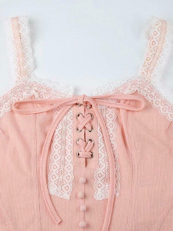 Y2K Fashion Lace Splice Crossover Tie-Up Tank Top - Coquette Aesthetic, Grunge Style, Cute Tops Y2K Fashion Lace Splice Crossover Tie-Up Tank Top - Coquette Aesthetic, Grunge Style, Cute Tops