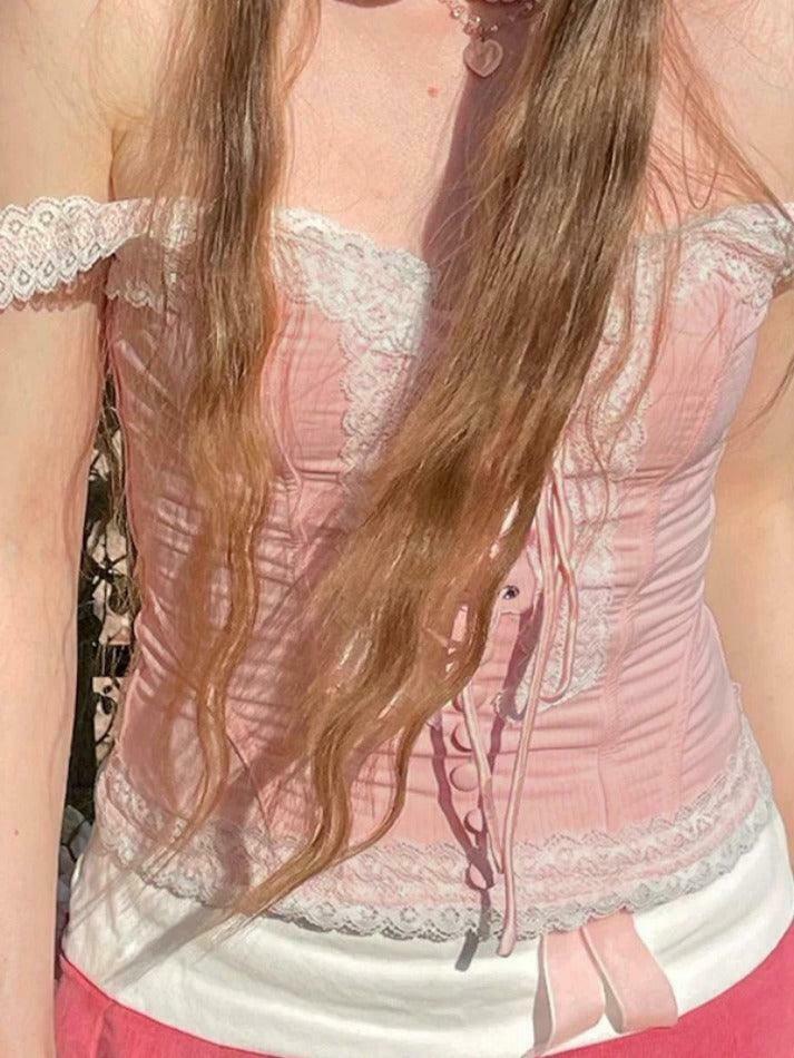 Y2K Fashion Lace Splice Crossover Tie-Up Tank Top - Coquette Aesthetic, Grunge Style, Cute Tops Y2K Fashion Lace Splice Crossover Tie-Up Tank Top - Coquette Aesthetic, Grunge Style, Cute Tops