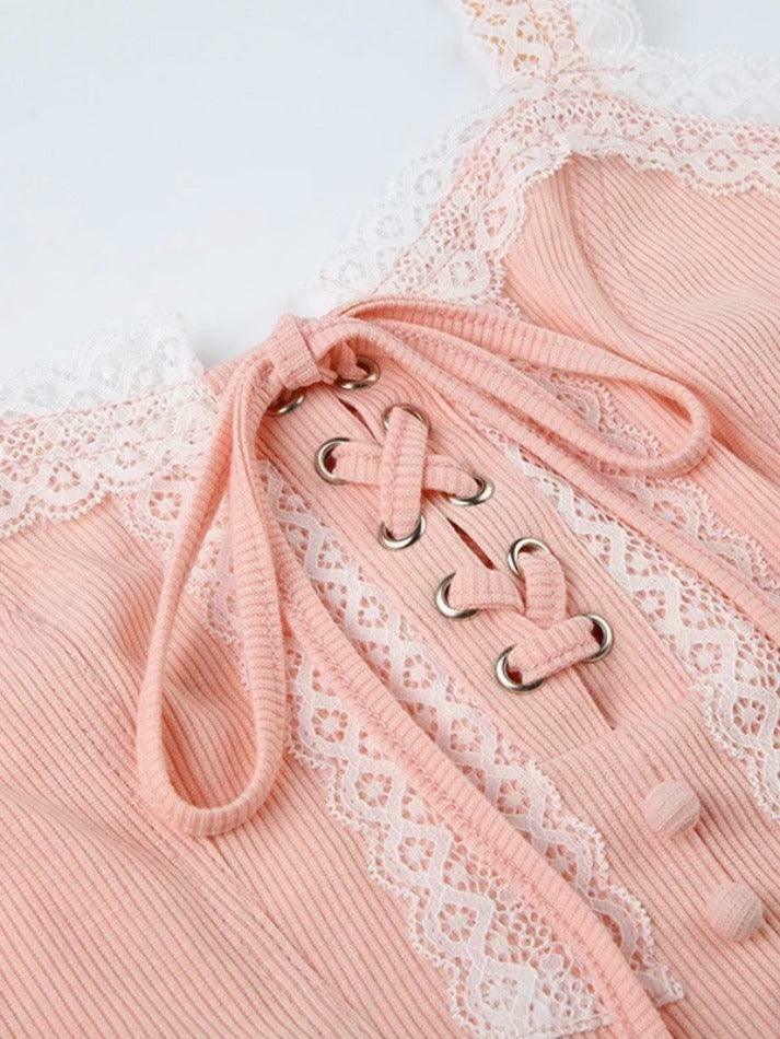 Y2K Fashion Lace Splice Crossover Tie-Up Tank Top - Coquette Aesthetic, Grunge Style, Cute Tops Y2K Fashion Lace Splice Crossover Tie-Up Tank Top - Coquette Aesthetic, Grunge Style, Cute Tops