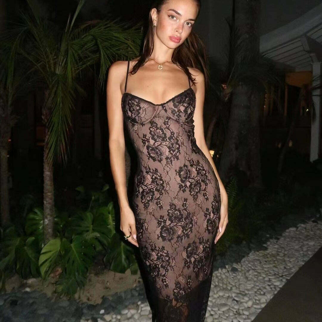 Y2K Fashion Lace Stitching Suspender Slim Dress - Coquette Aesthetic Grunge Style Cute Y2K Fashion Lace Stitching Suspender Slim Dress - Coquette Aesthetic Grunge Style Cute