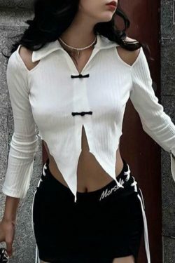 Y2K Fashion Lapel Cutout Irregular Hem Knit Sweater for Women - Coquette Aesthetic Grunge Style