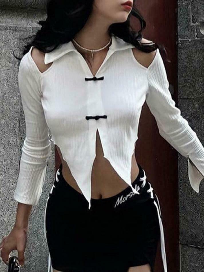 Y2K Fashion Lapel Cutout Irregular Hem Knit Sweater for Women - Coquette Aesthetic Grunge Style Y2K Fashion Lapel Cutout Irregular Hem Knit Sweater for Women - Coquette Aesthetic Grunge Style