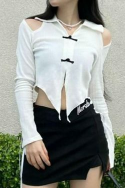 Y2K Fashion Lapel Cutout Irregular Hem Knit Sweater for Women - Coquette Aesthetic Grunge Style