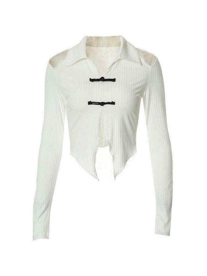 Y2K Fashion Lapel Cutout Irregular Hem Knit Sweater for Women - Coquette Aesthetic Grunge Style Y2K Fashion Lapel Cutout Irregular Hem Knit Sweater for Women - Coquette Aesthetic Grunge Style