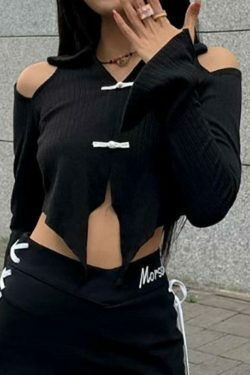 Y2K Fashion Lapel Cutout Irregular Hem Knit Sweater for Women - Coquette Aesthetic Grunge Style