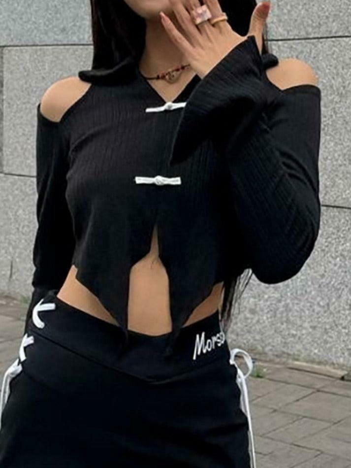 Y2K Fashion Lapel Cutout Irregular Hem Knit Sweater for Women - Coquette Aesthetic Grunge Style Y2K Fashion Lapel Cutout Irregular Hem Knit Sweater for Women - Coquette Aesthetic Grunge Style