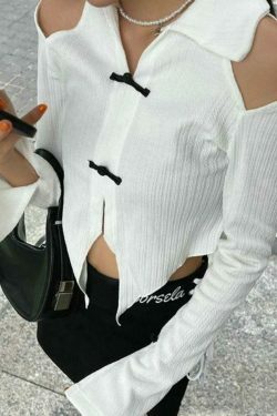 Y2K Fashion Lapel Cutout Irregular Hem Knit Sweater for Women - Coquette Aesthetic Grunge Style