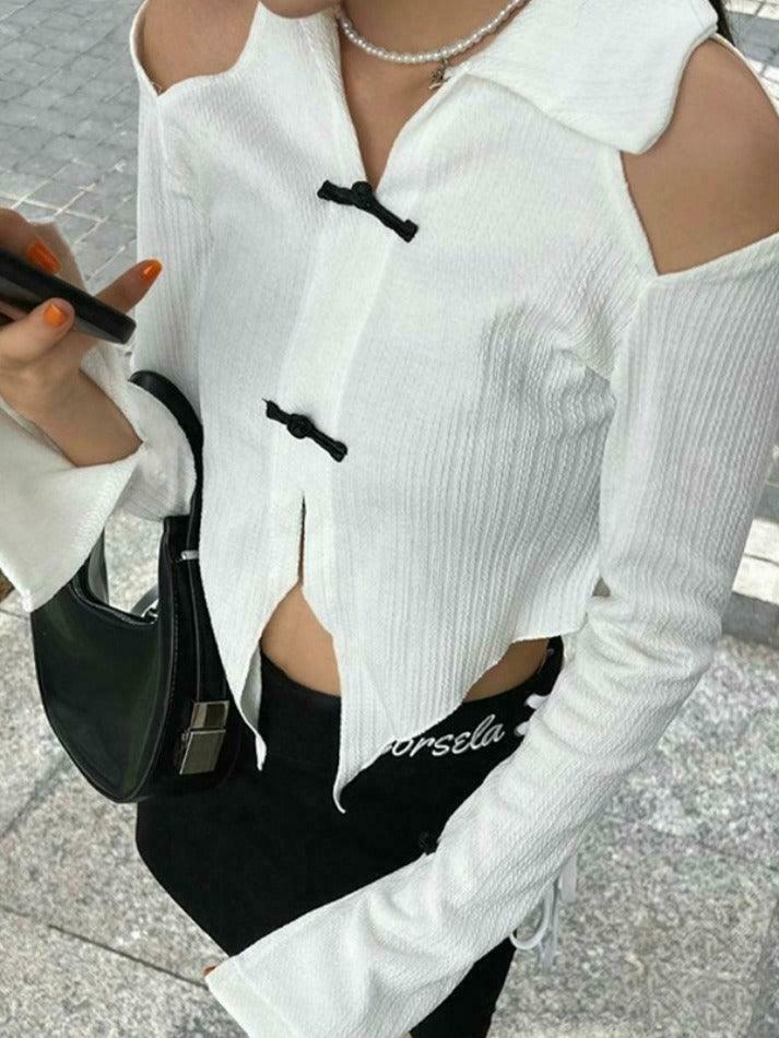 Y2K Fashion Lapel Cutout Irregular Hem Knit Sweater for Women - Coquette Aesthetic Grunge Style Y2K Fashion Lapel Cutout Irregular Hem Knit Sweater for Women - Coquette Aesthetic Grunge Style