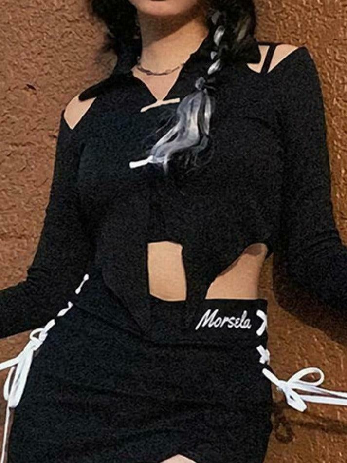 Y2K Fashion Lapel Cutout Irregular Hem Knit Sweater for Women - Coquette Aesthetic Grunge Style Y2K Fashion Lapel Cutout Irregular Hem Knit Sweater for Women - Coquette Aesthetic Grunge Style