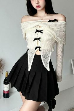 Y2K Fashion: Long-Sleeve Off-Shoulder Asymmetrical Bow Crop Knit Top