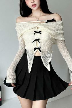 Y2K Fashion: Long-Sleeve Off-Shoulder Asymmetrical Bow Crop Knit Top