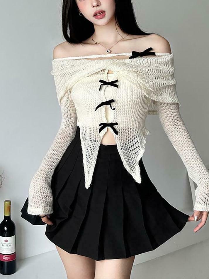 Y2K Fashion: Long-Sleeve Off-Shoulder Asymmetrical Bow Crop Knit Top Y2K Fashion: Long-Sleeve Off-Shoulder Asymmetrical Bow Crop Knit Top