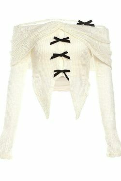 Y2K Fashion: Long-Sleeve Off-Shoulder Asymmetrical Bow Crop Knit Top