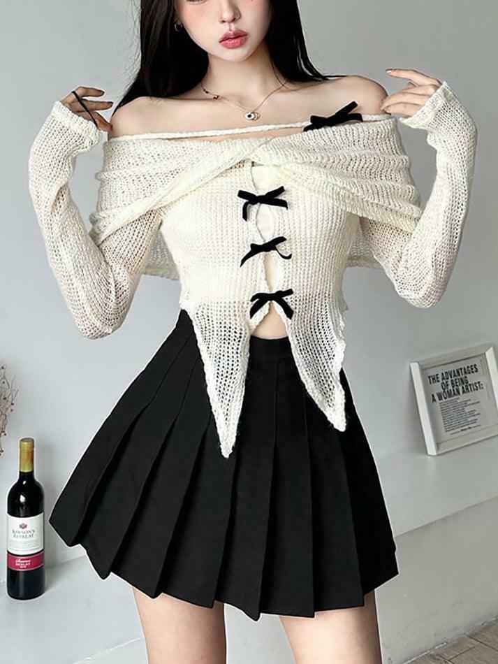 Y2K Fashion: Long-Sleeve Off-Shoulder Asymmetrical Bow Crop Knit Top Y2K Fashion: Long-Sleeve Off-Shoulder Asymmetrical Bow Crop Knit Top