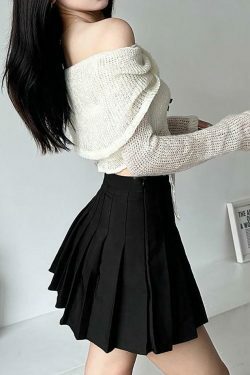 Y2K Fashion: Long-Sleeve Off-Shoulder Asymmetrical Bow Crop Knit Top