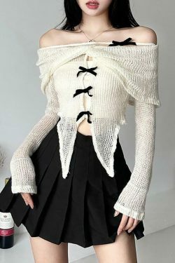 Y2K Fashion: Long-Sleeve Off-Shoulder Asymmetrical Bow Crop Knit Top