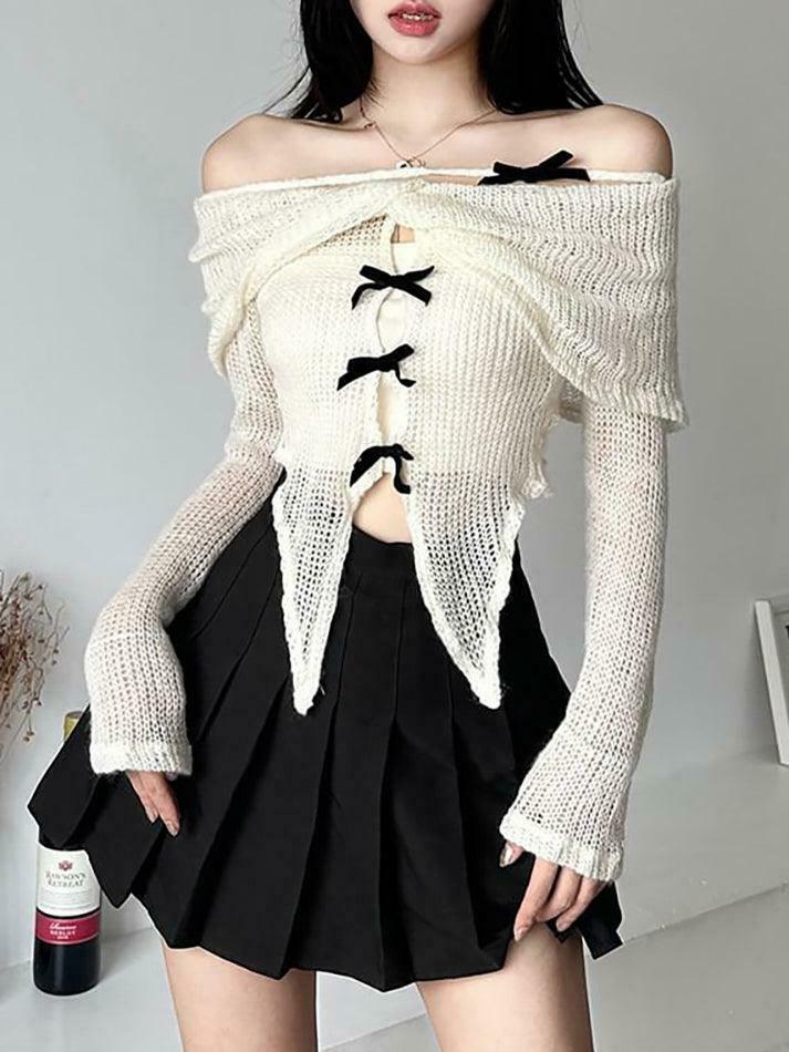 Y2K Fashion: Long-Sleeve Off-Shoulder Asymmetrical Bow Crop Knit Top Y2K Fashion: Long-Sleeve Off-Shoulder Asymmetrical Bow Crop Knit Top