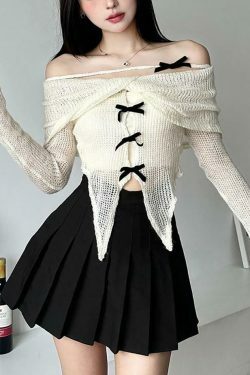 Y2K Fashion: Long-Sleeve Off-Shoulder Asymmetrical Bow Crop Knit Top
