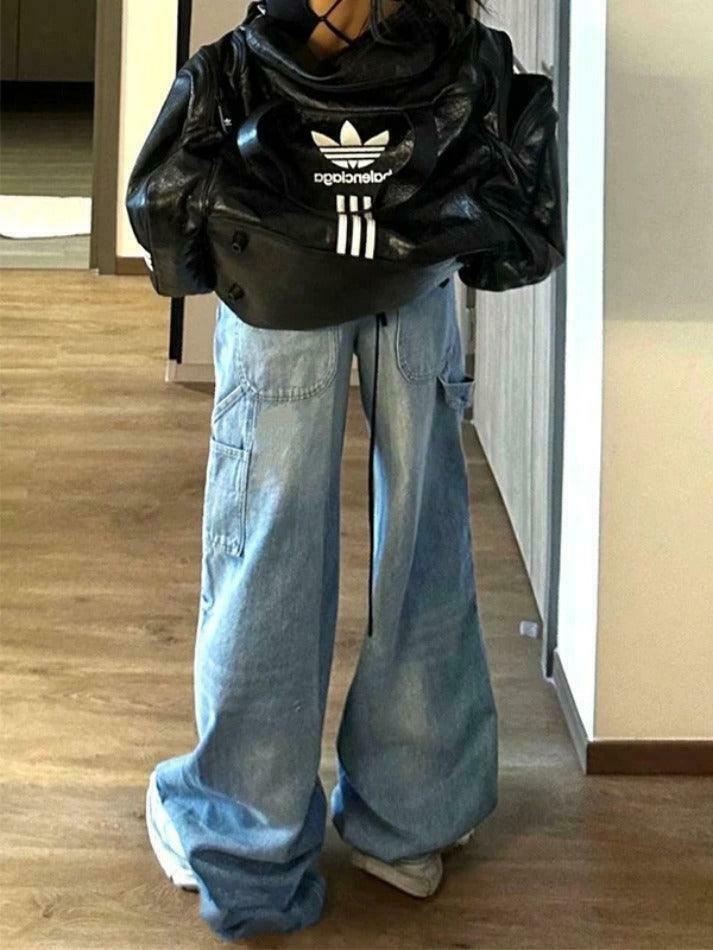 Y2K Fashion Loose Boyfriend Jeans with Big Pockets and Patchwork Detail Y2K Fashion Loose Boyfriend Jeans with Big Pockets and Patchwork Detail