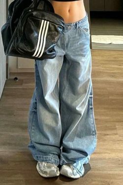 Y2K Fashion Loose Boyfriend Jeans with Big Pockets and Patchwork Detail