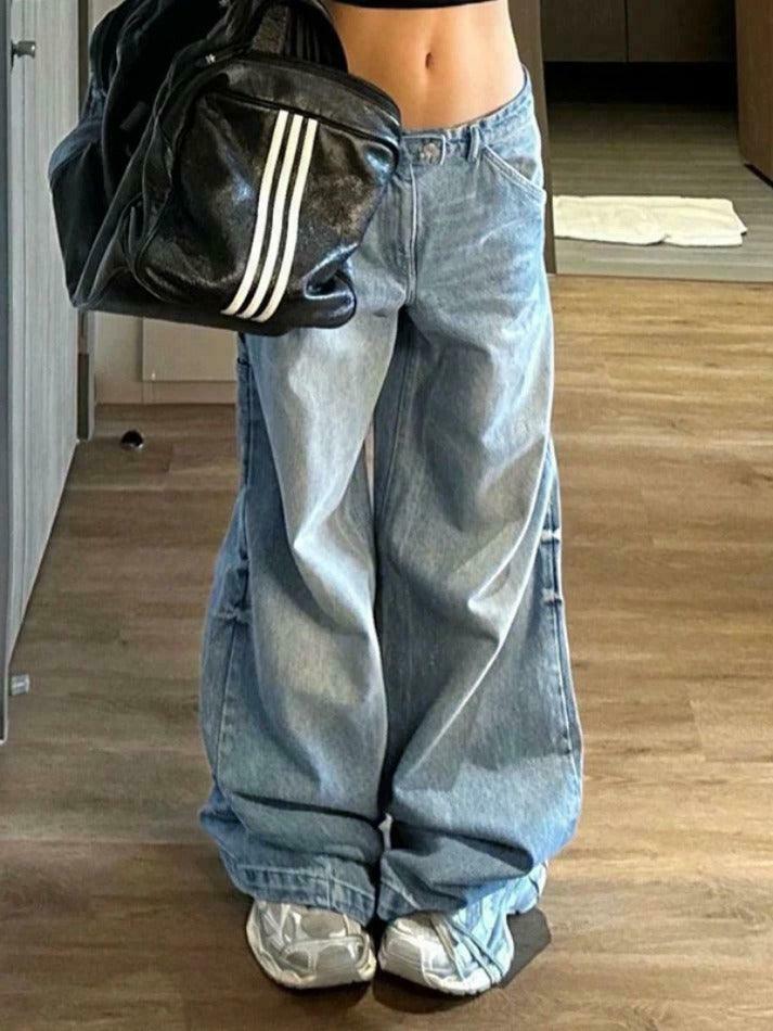 Y2K Fashion Loose Boyfriend Jeans with Big Pockets and Patchwork Detail Y2K Fashion Loose Boyfriend Jeans with Big Pockets and Patchwork Detail