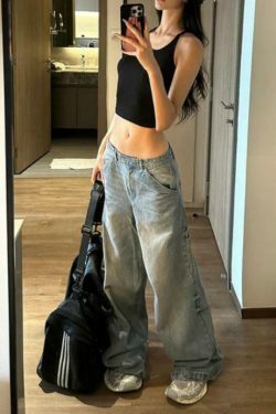 Y2K Fashion Loose Boyfriend Jeans with Big Pockets and Patchwork Detail