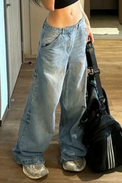 Y2K Fashion Loose Boyfriend Jeans with Big Pockets and Patchwork Detail