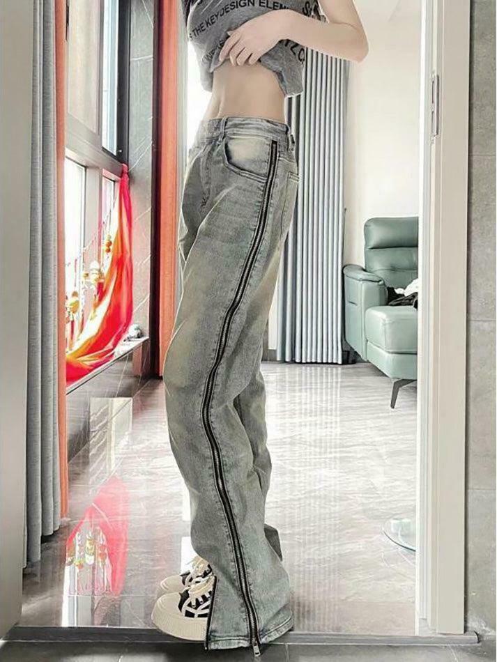 Y2K Fashion: Low Rise Washed Straight-Fit Slit Wide-Leg Jeans Y2K Fashion: Low Rise Washed Straight-Fit Slit Wide-Leg Jeans