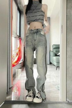 Y2K Fashion: Low Rise Washed Straight-Fit Slit Wide-Leg Jeans