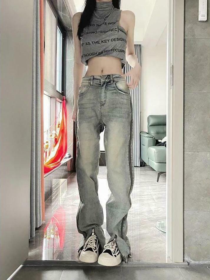 Y2K Fashion: Low Rise Washed Straight-Fit Slit Wide-Leg Jeans Y2K Fashion: Low Rise Washed Straight-Fit Slit Wide-Leg Jeans