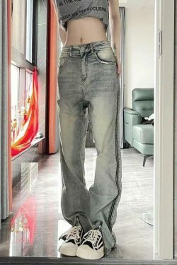 Y2K Fashion: Low Rise Washed Straight-Fit Slit Wide-Leg Jeans