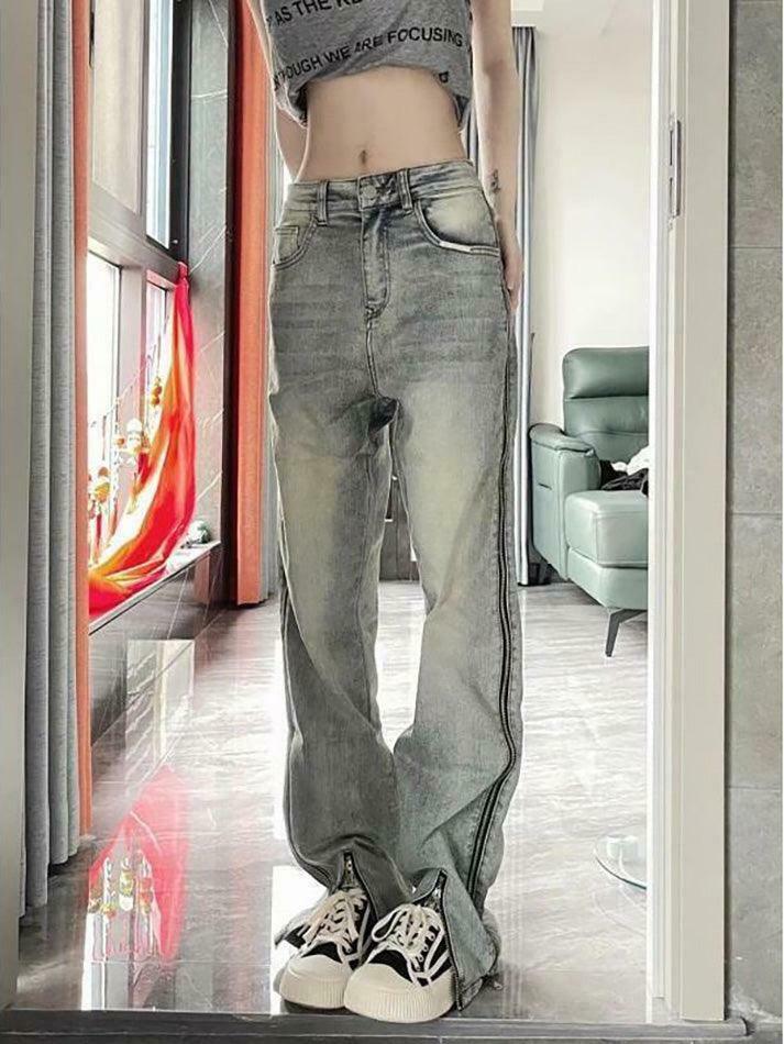 Y2K Fashion: Low Rise Washed Straight-Fit Slit Wide-Leg Jeans Y2K Fashion: Low Rise Washed Straight-Fit Slit Wide-Leg Jeans