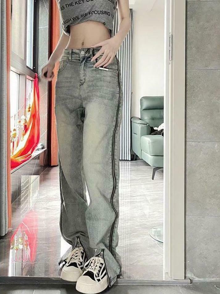 Y2K Fashion: Low Rise Washed Straight-Fit Slit Wide-Leg Jeans Y2K Fashion: Low Rise Washed Straight-Fit Slit Wide-Leg Jeans