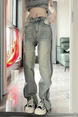 Y2K Fashion: Low Rise Washed Straight-Fit Slit Wide-Leg Jeans